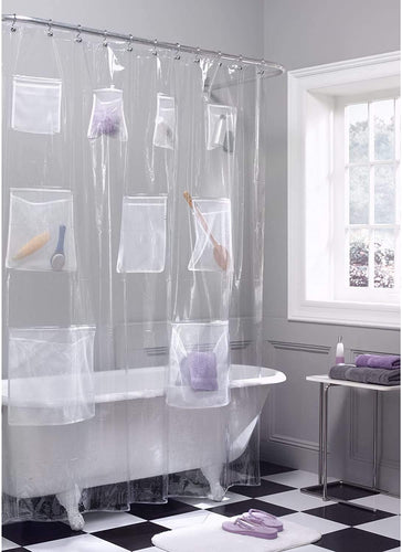 Clear Shower Curtain with Mesh Storage Pockets